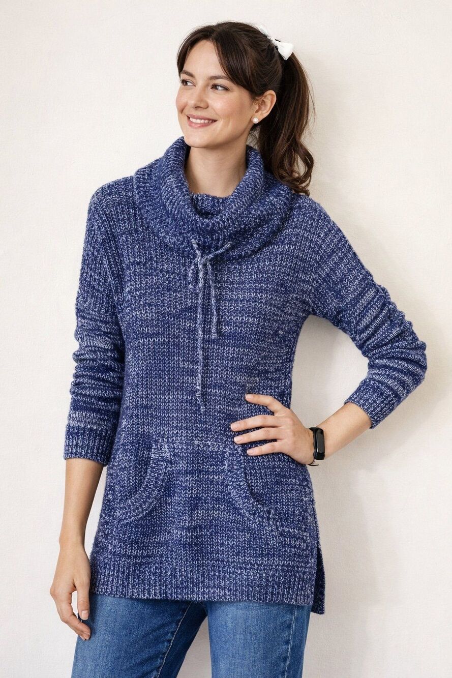 Shaker Knit Sweater M Blue Cowl Kangaroo Pocket Marled Tunic Pullover Drawstring